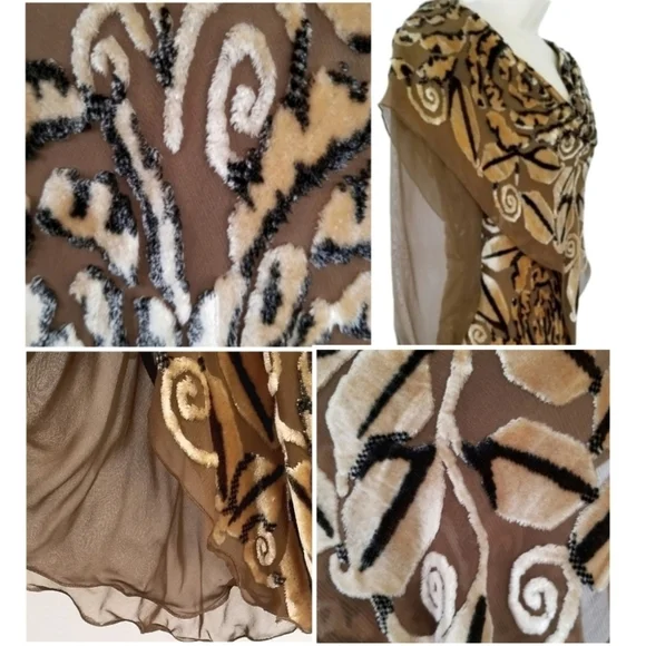 Marian Clayden Neiman Marcus Dress Cut Silk & Velvet Burnout Maxi Tan Size M - Picture 16 of 17